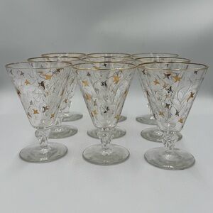 Vintage Libbey MCM Royal Fern Tulip Gold White Water Goblets Set of 9